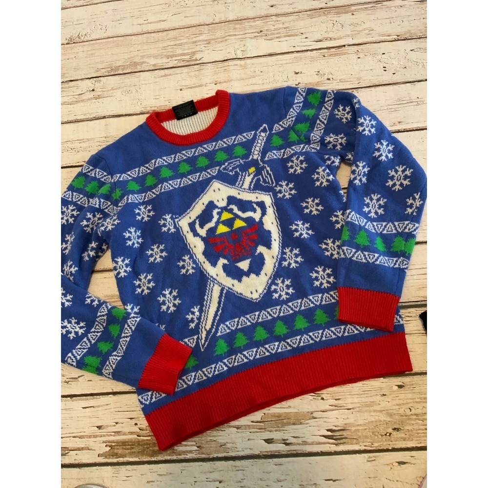 The Legend of Zelda Ugly Christmas Sweater Blue Hylian Shield Master Sword XL
